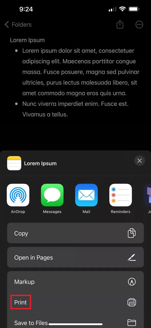 tap on share icon and select print in iPhone