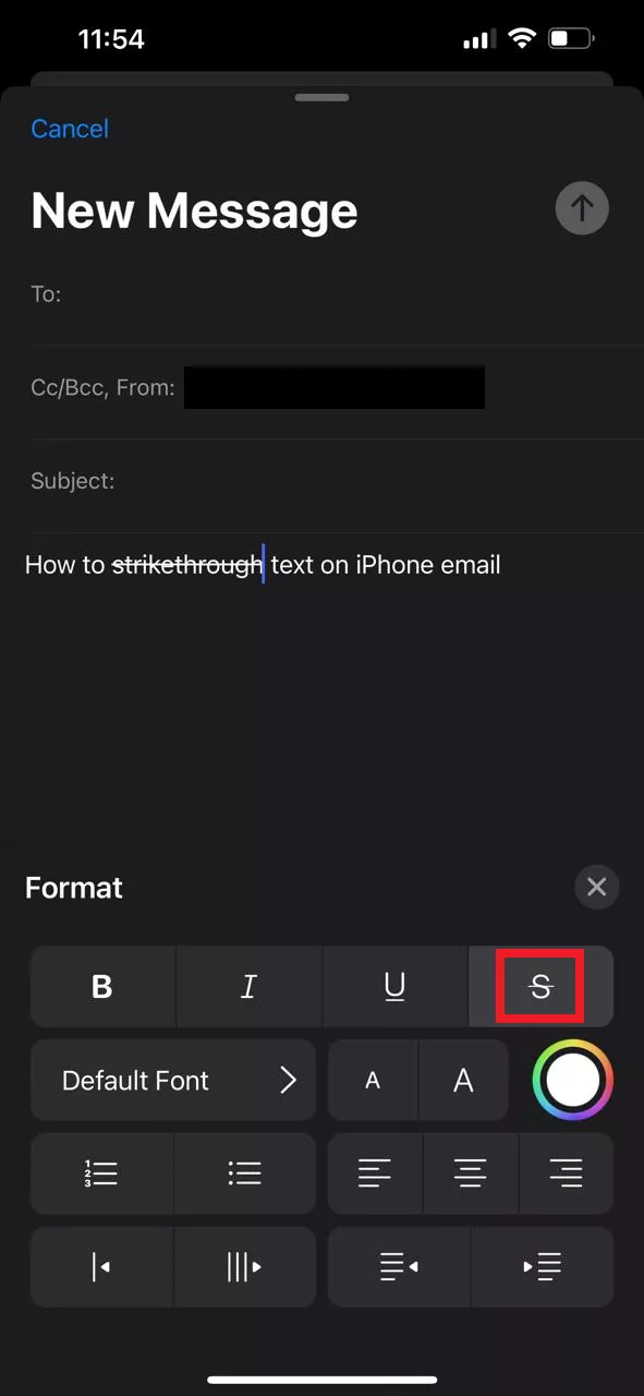 tap on the strikethrough option in iphone email