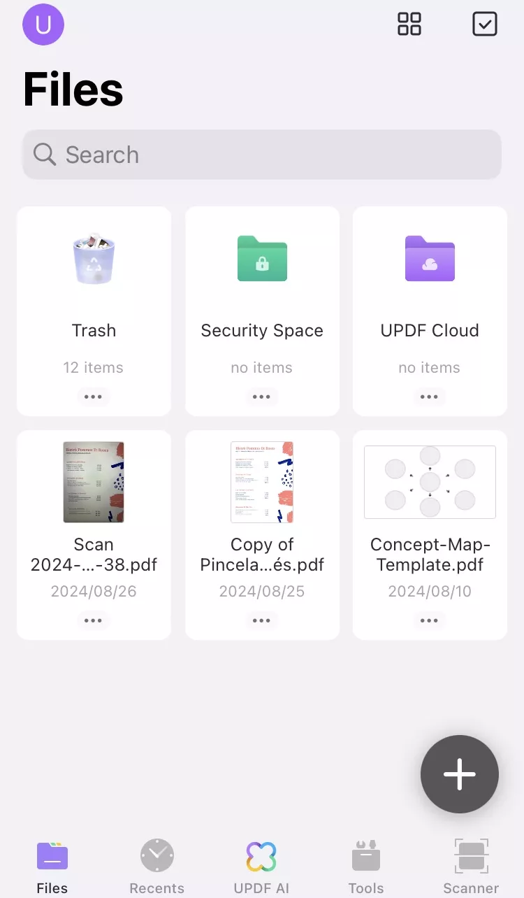 tap plus to upload the pdf to updf ios