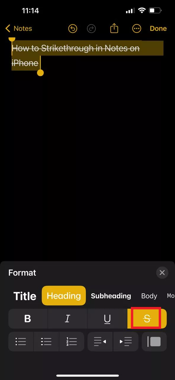 tap s to strikethrough the text in iphone noets