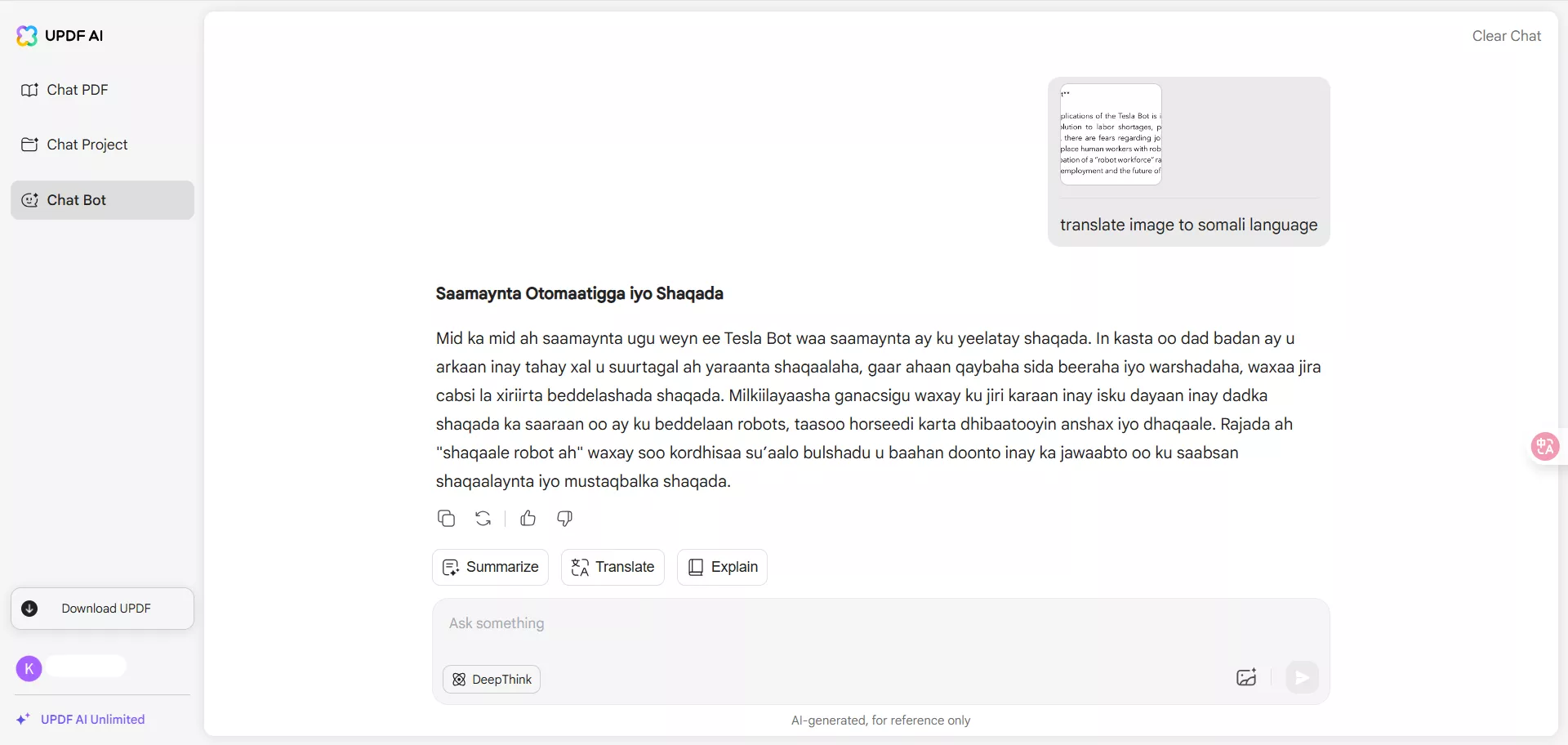 text translated into somali language with updf online ai assistant