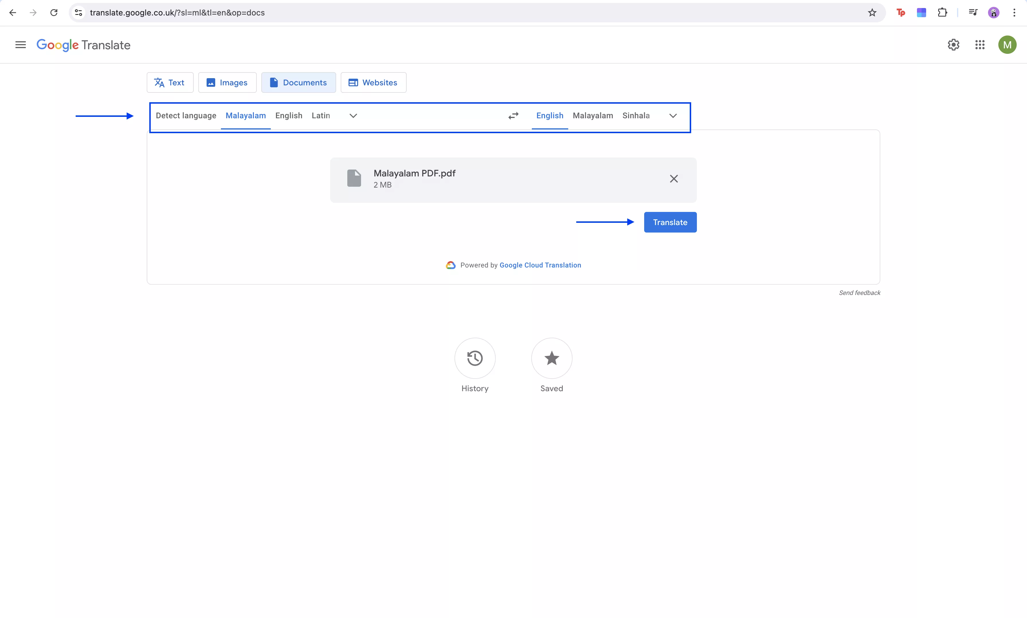 translate Malayalam pdf to English with google translate