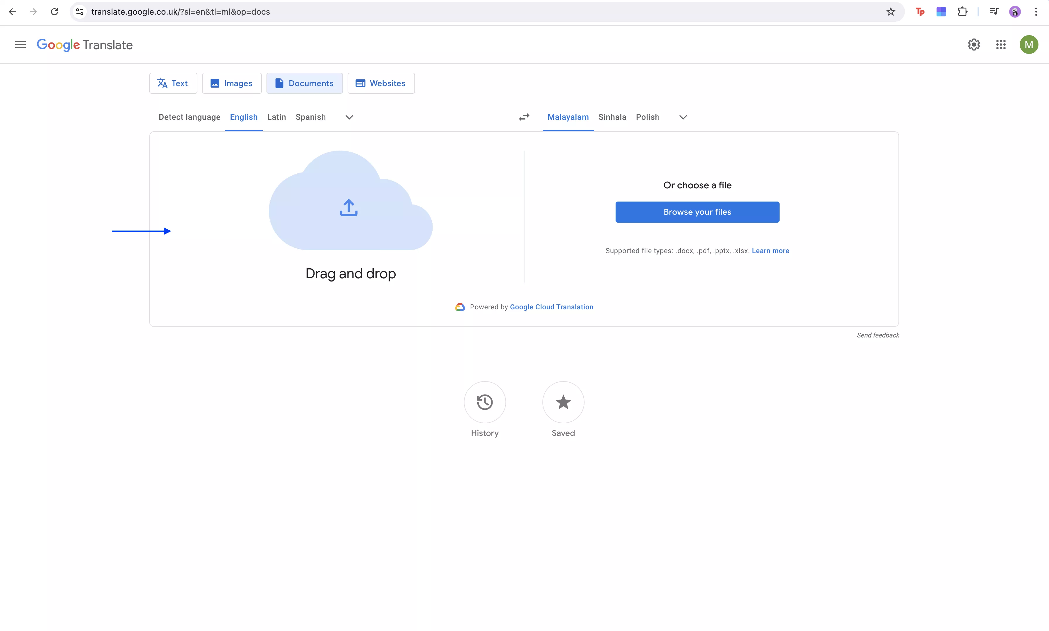 upload Malayalam pdf to google translate