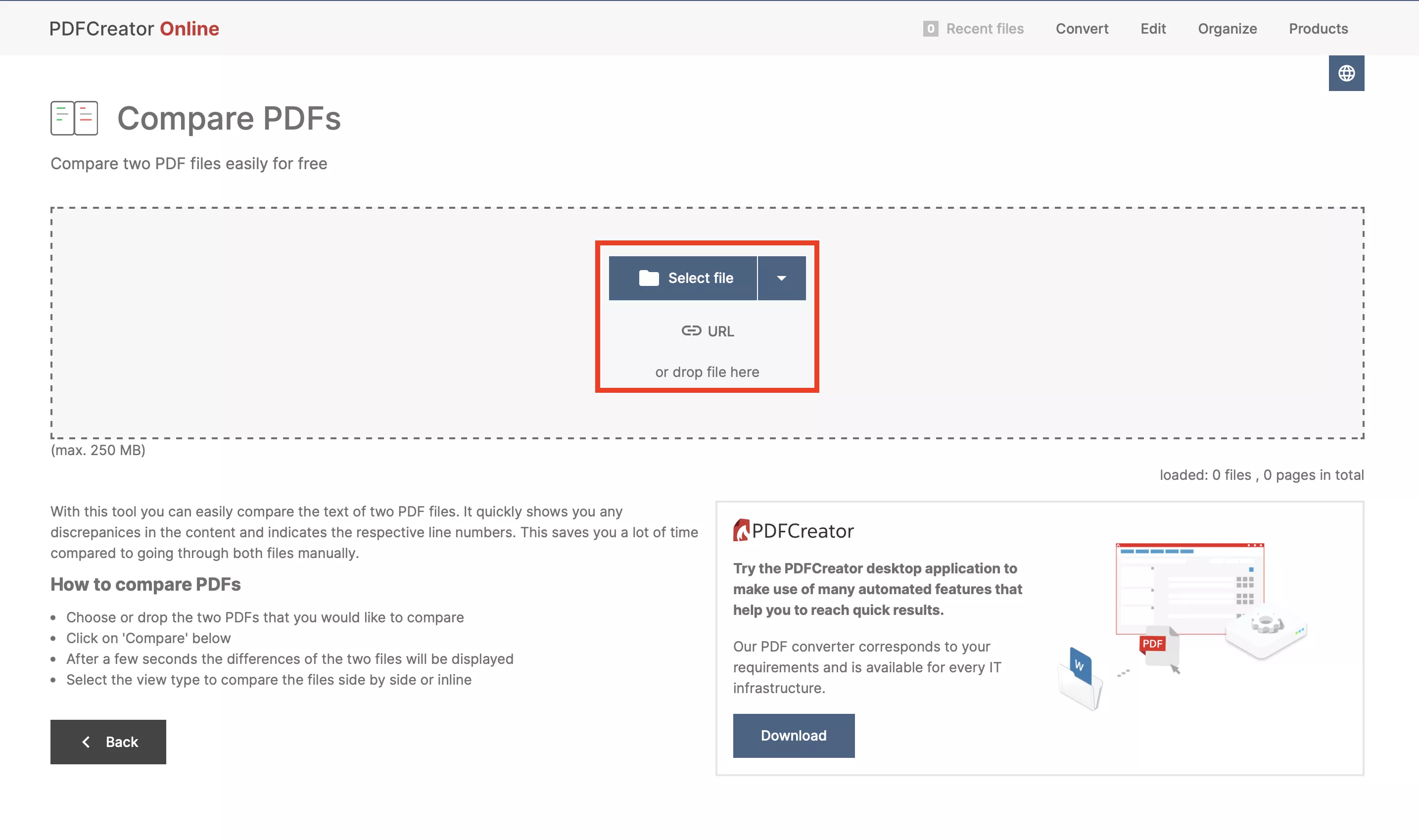 upload the pdf to compare pdfs online with pdfforge