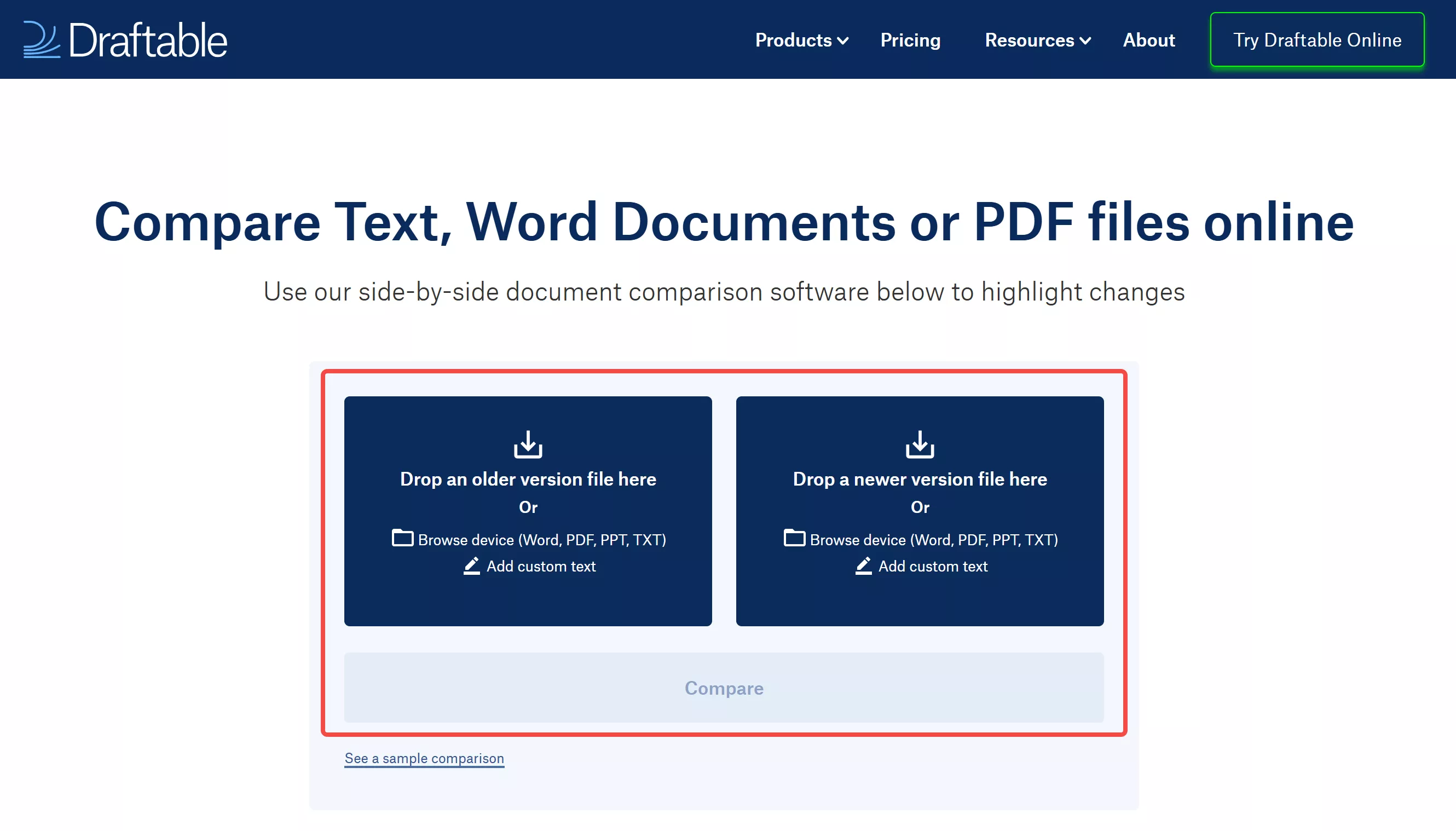 upload pdf to compare with draftable