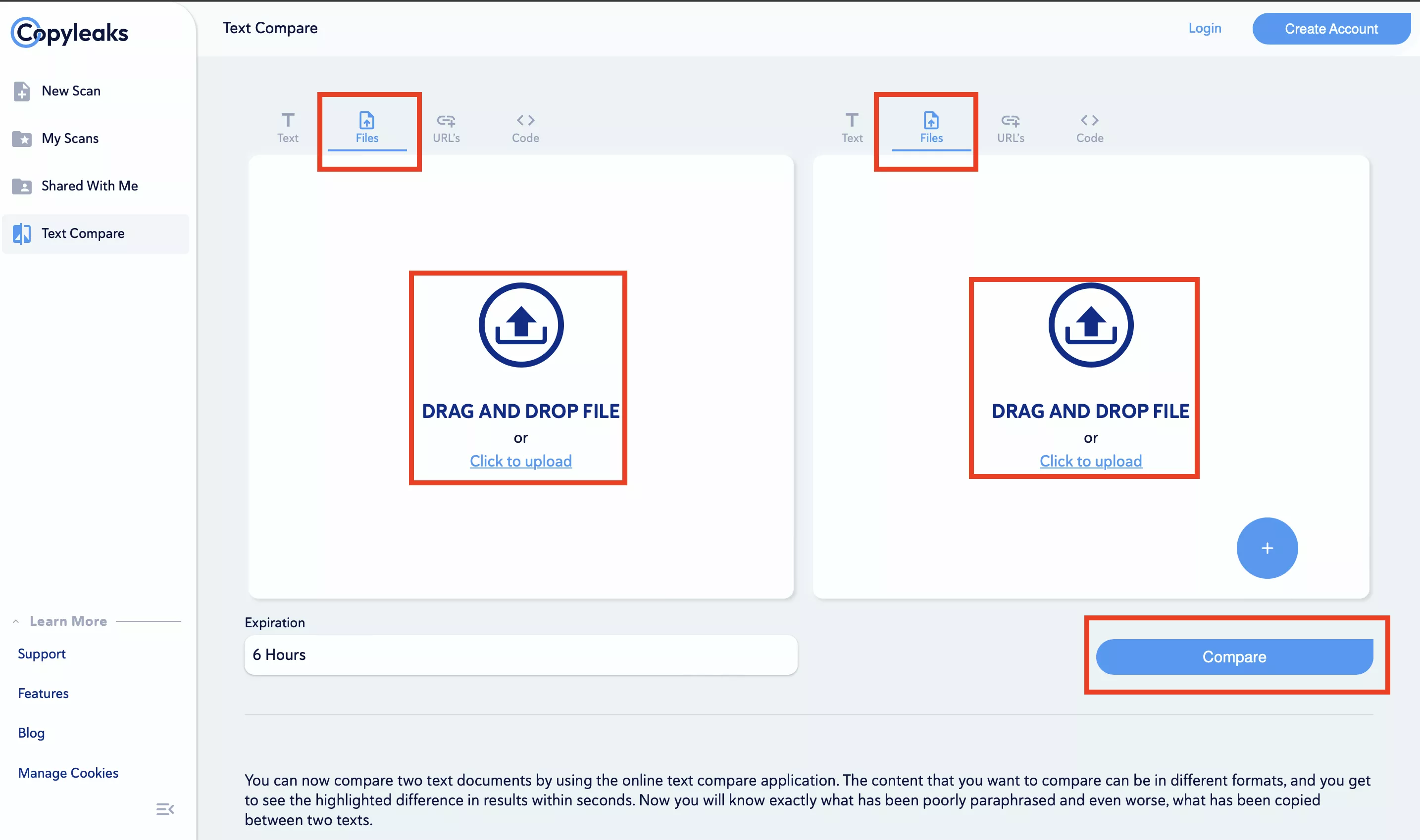 uplod the file to compare with copyleaks ai