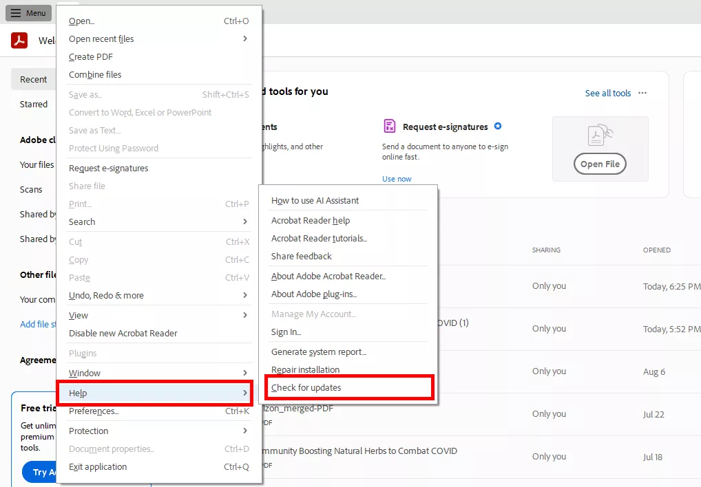check for updates in acrobat
