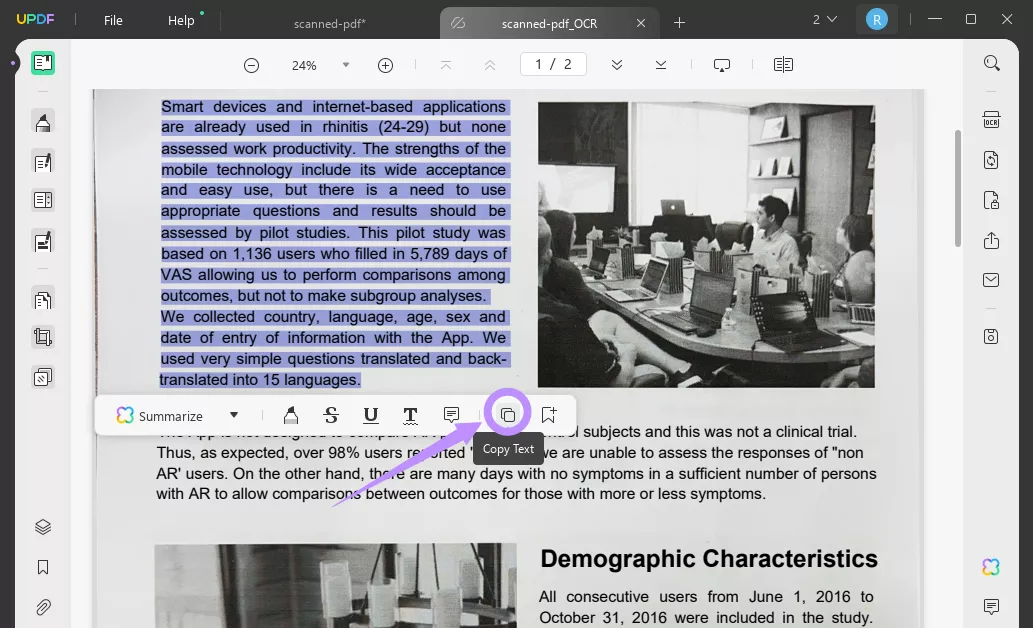 copy text from ocred pdf using the toolbar in updf