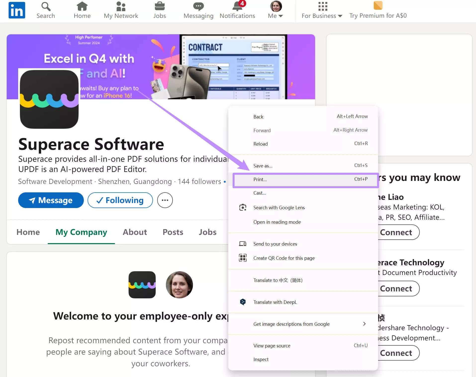 select print in linkedin