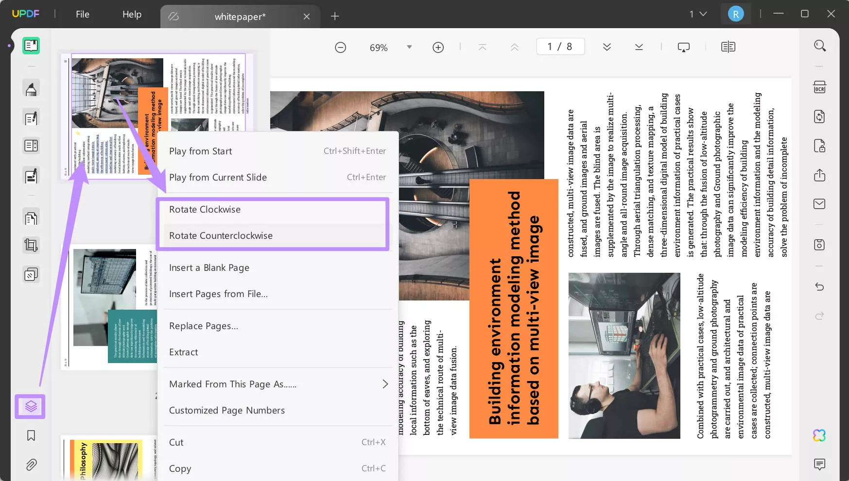 use thumbnail to convert PDF from landscape to portrait with updf