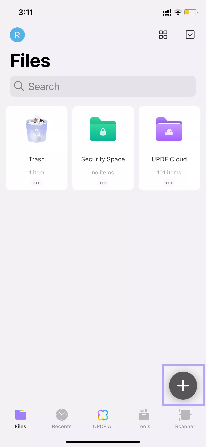 click the + icon or scanner updf for ios