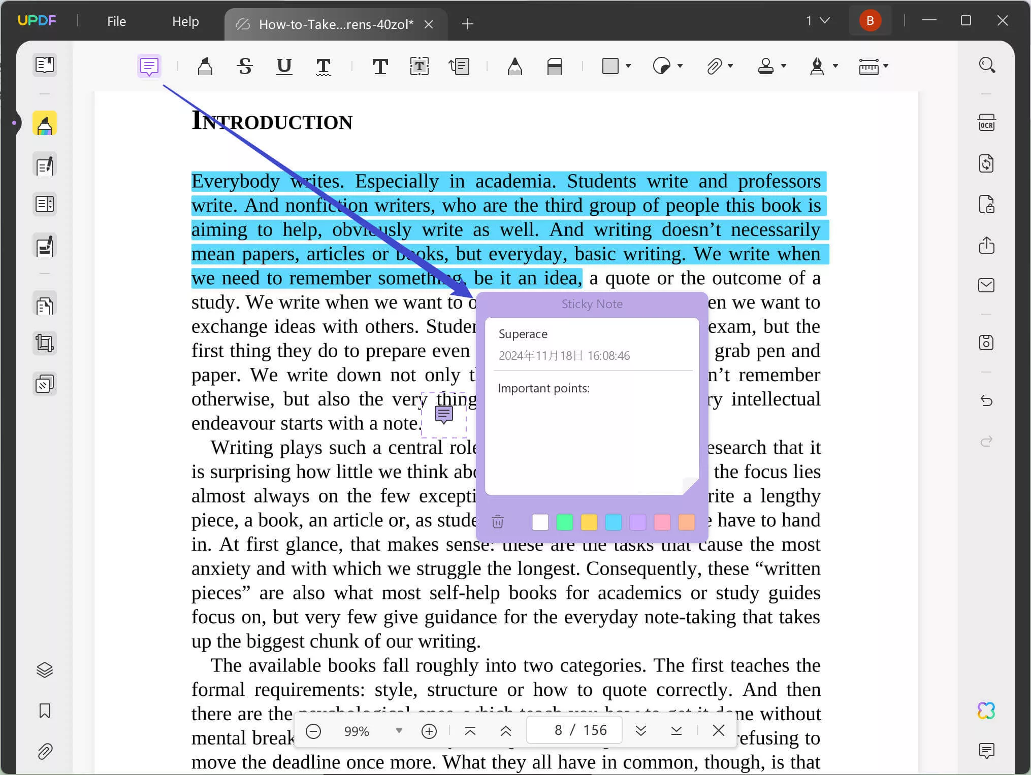 enter notes in box