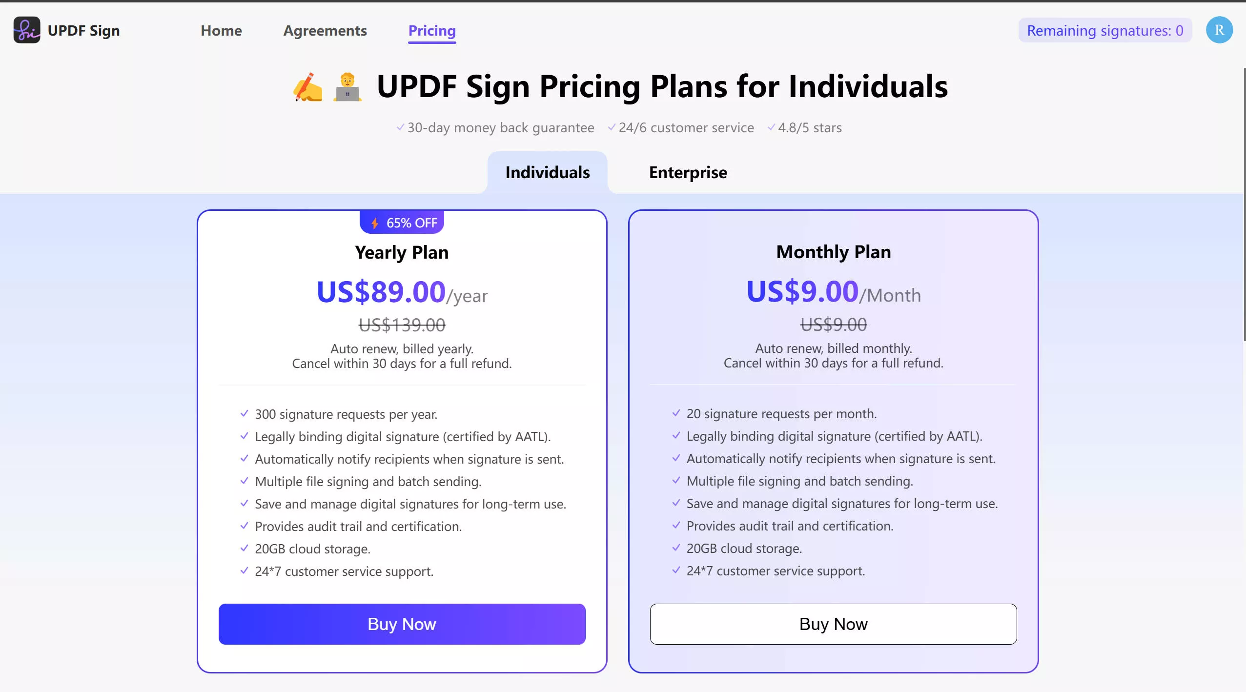 click on price page updf sign