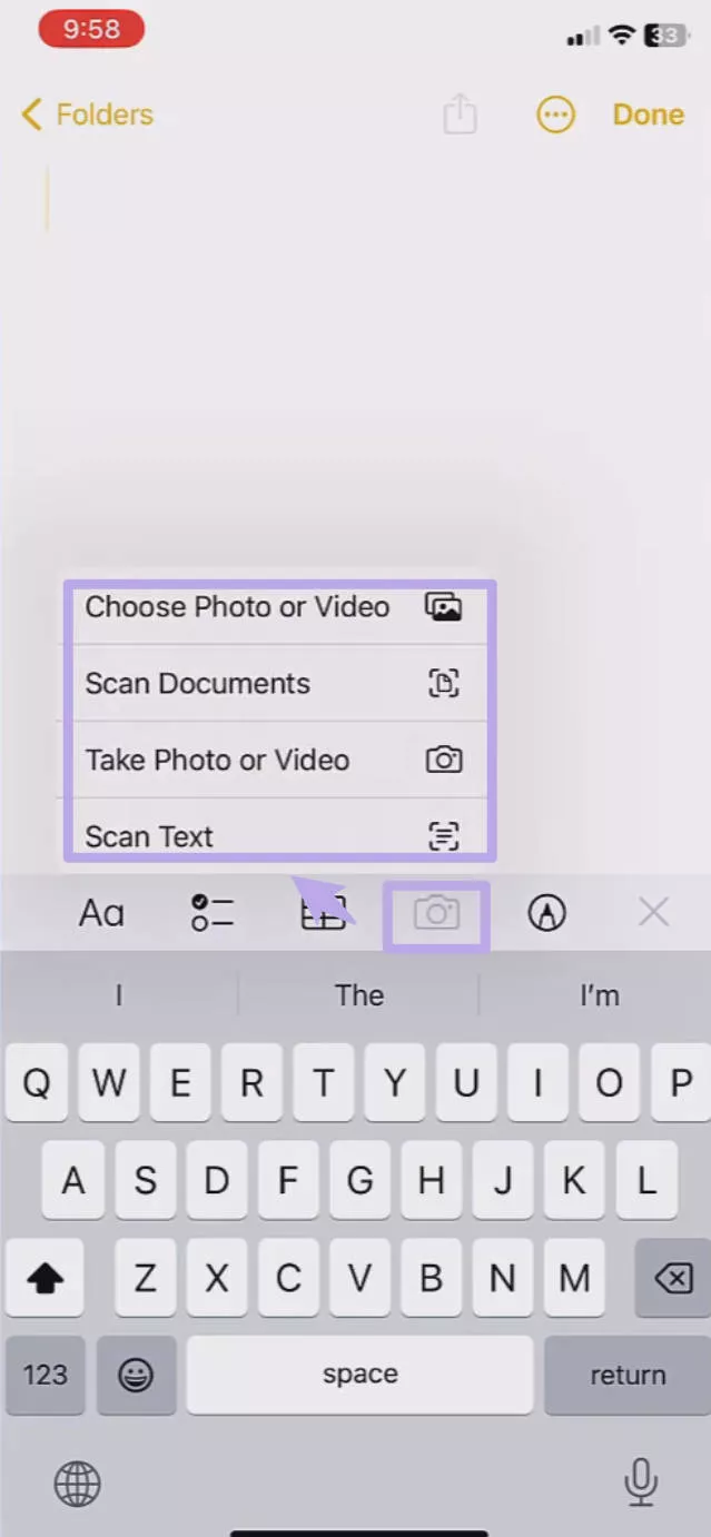 tap the camera icon in iphone note app