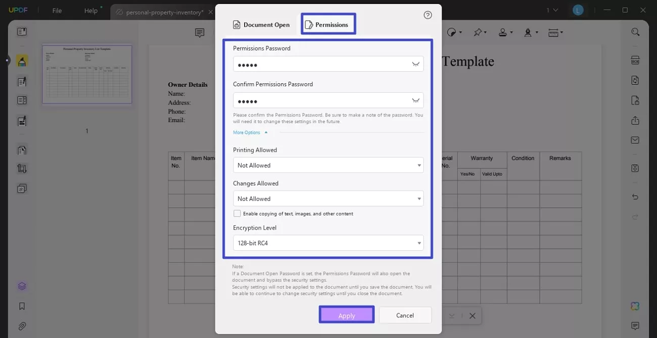 add password and apply