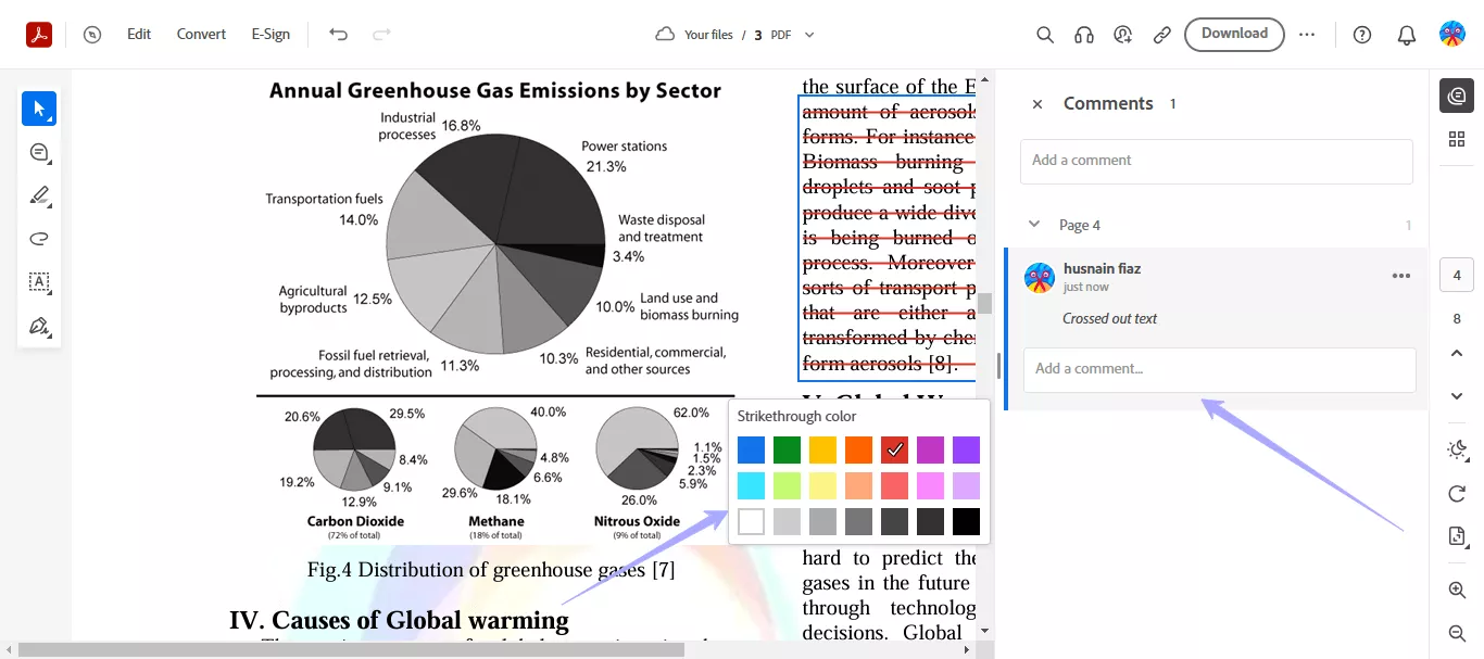 change color or add a comment in acrobat online