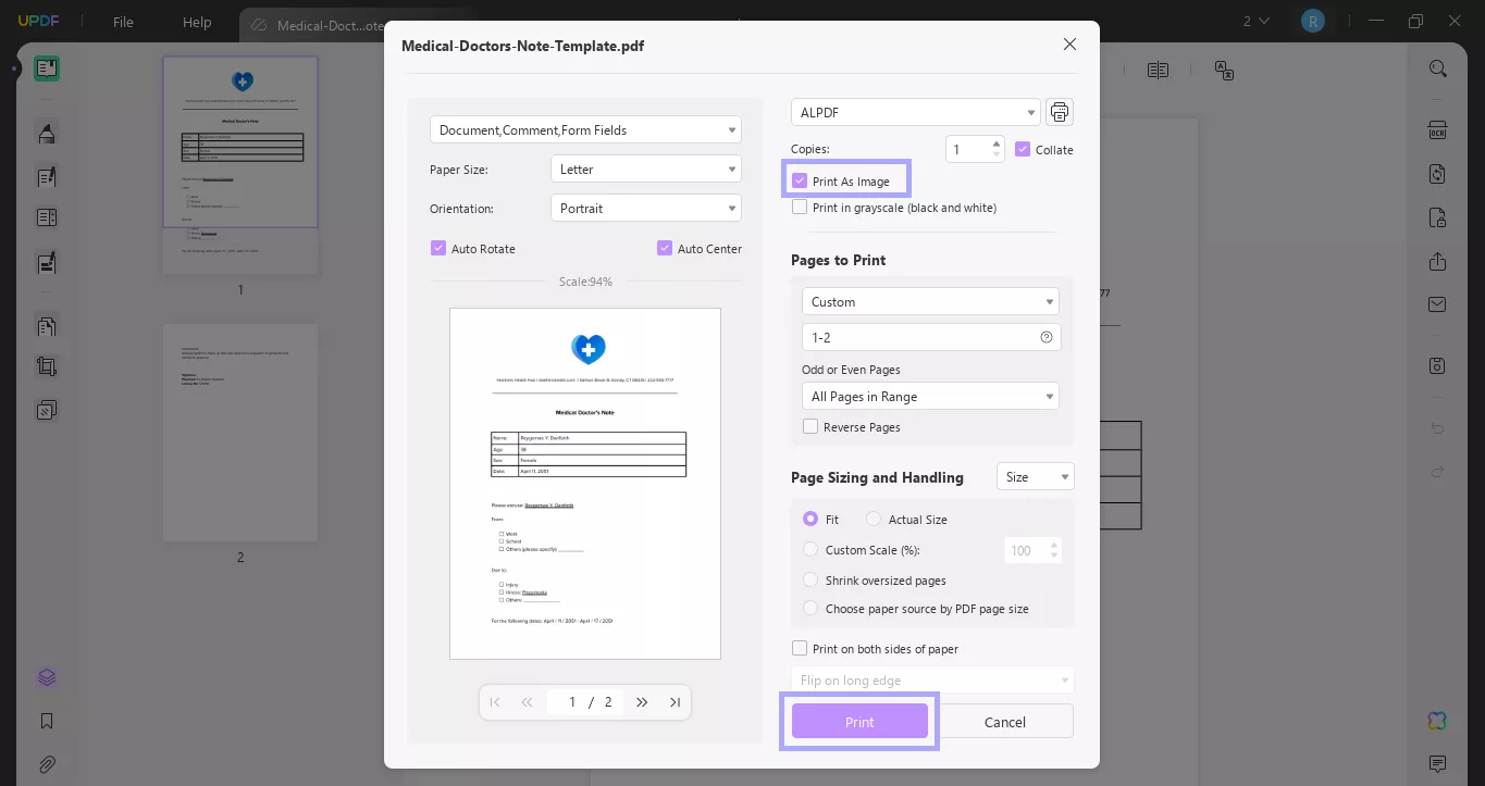 change settings and click print updf