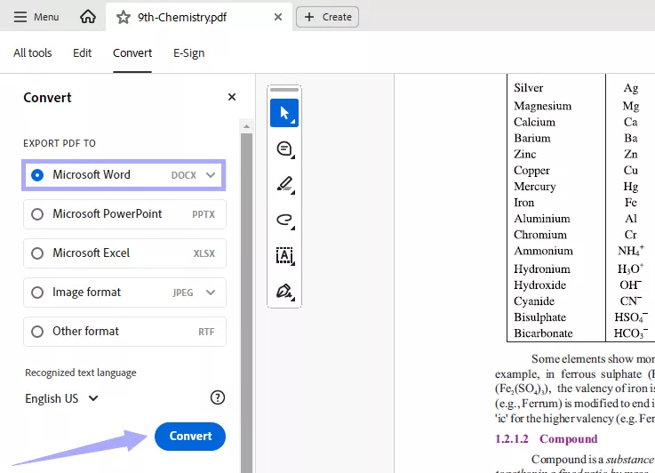 click the convert button in acrobat