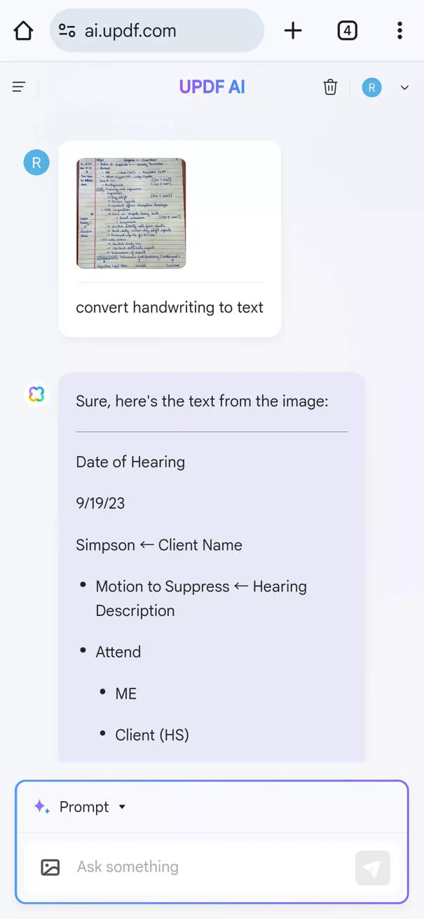 convert handwriting text to text result iphone with updf ai online