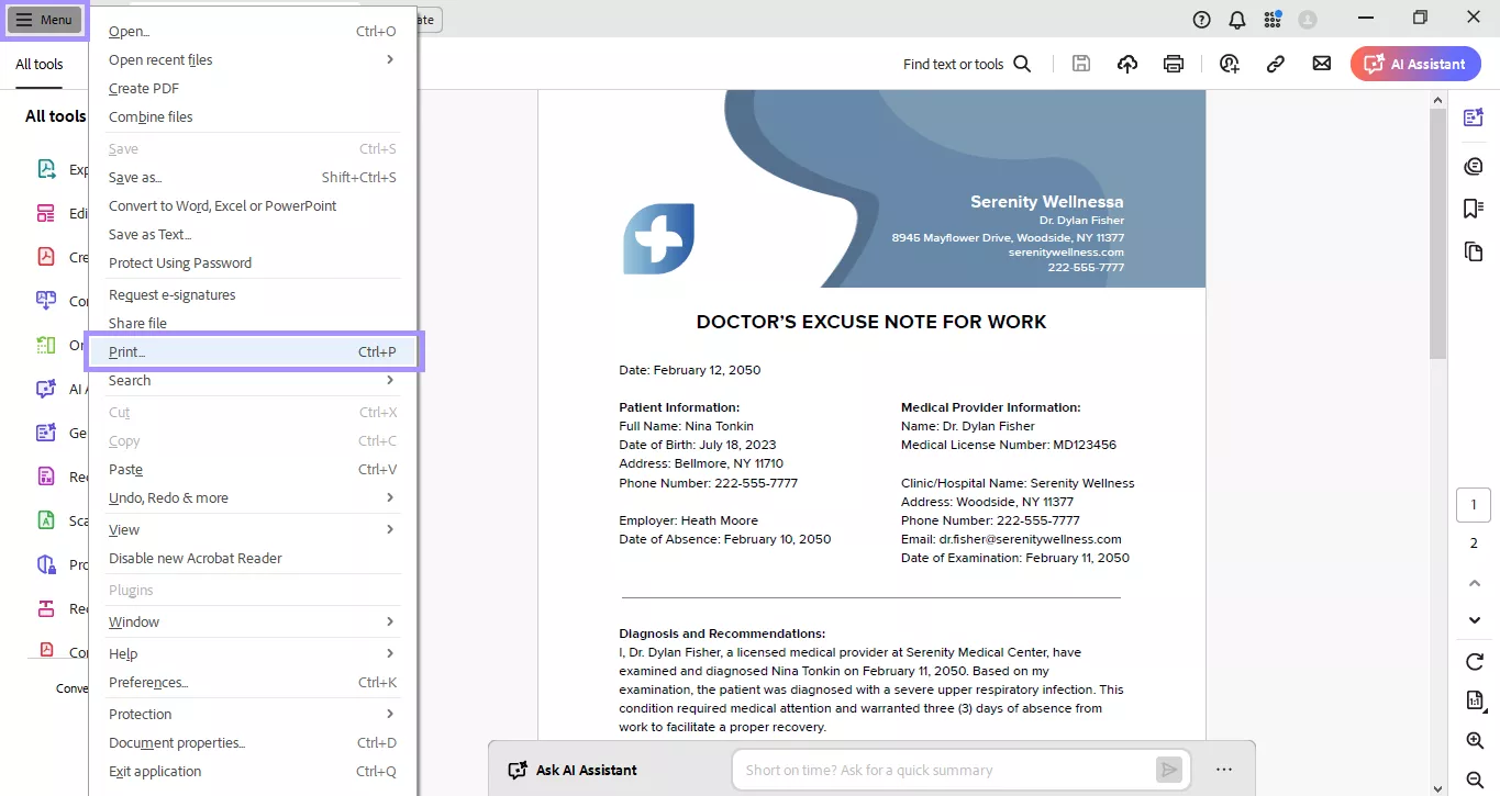 open the print window in adobe acrobat