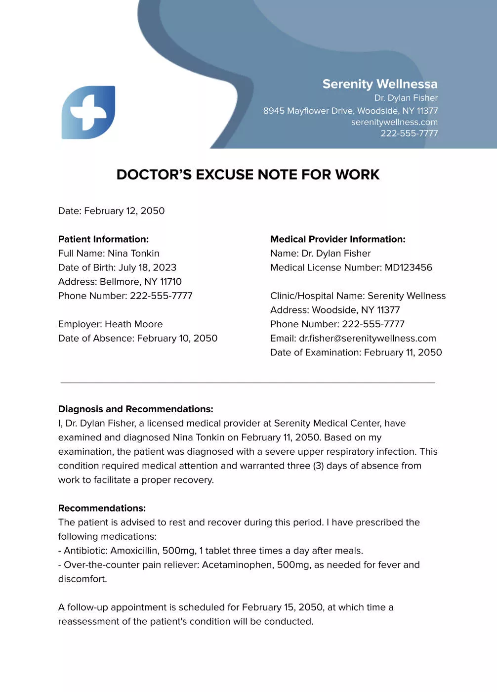 pre-filled real doctor's note for work