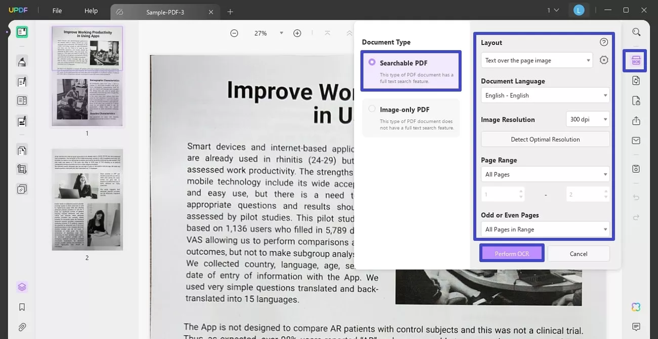 perform ocr and enable searchable pdf