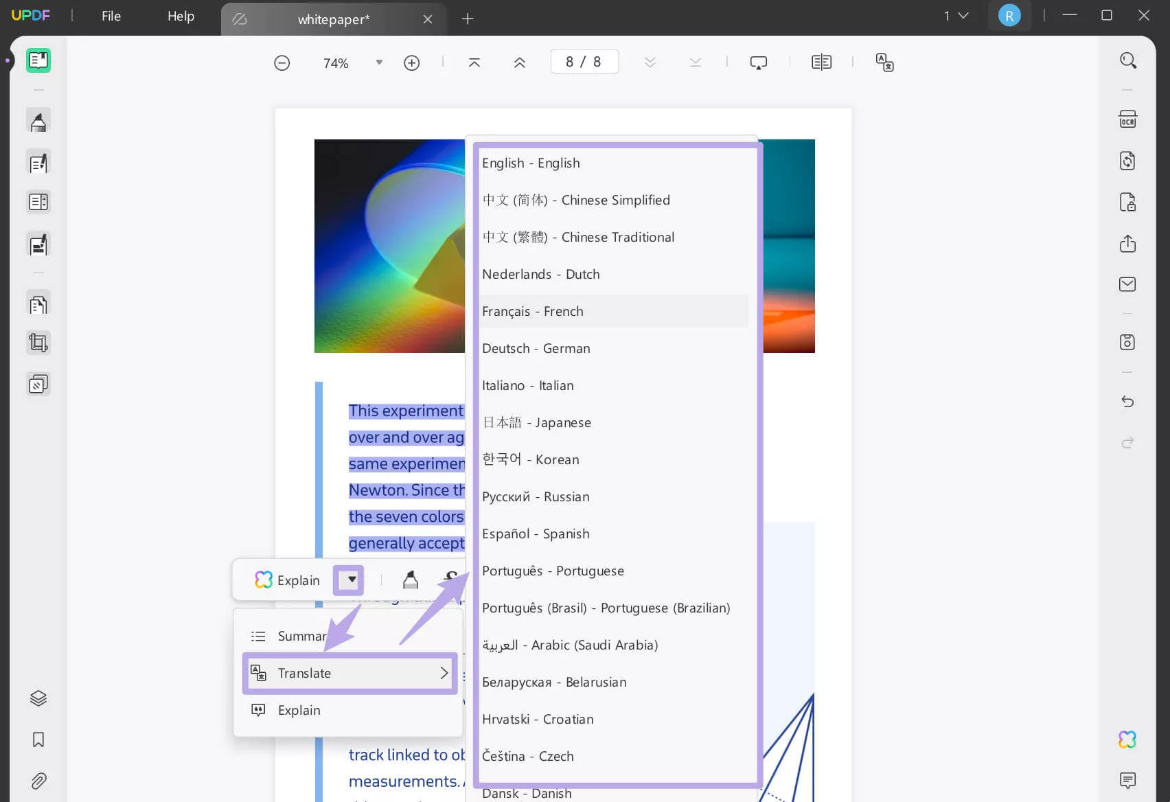 select to translate with updf on windows