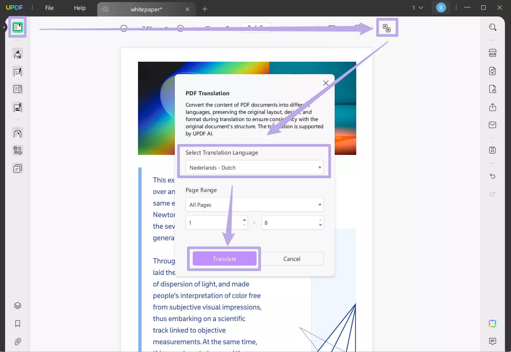translate entire pdf with updf on windows
