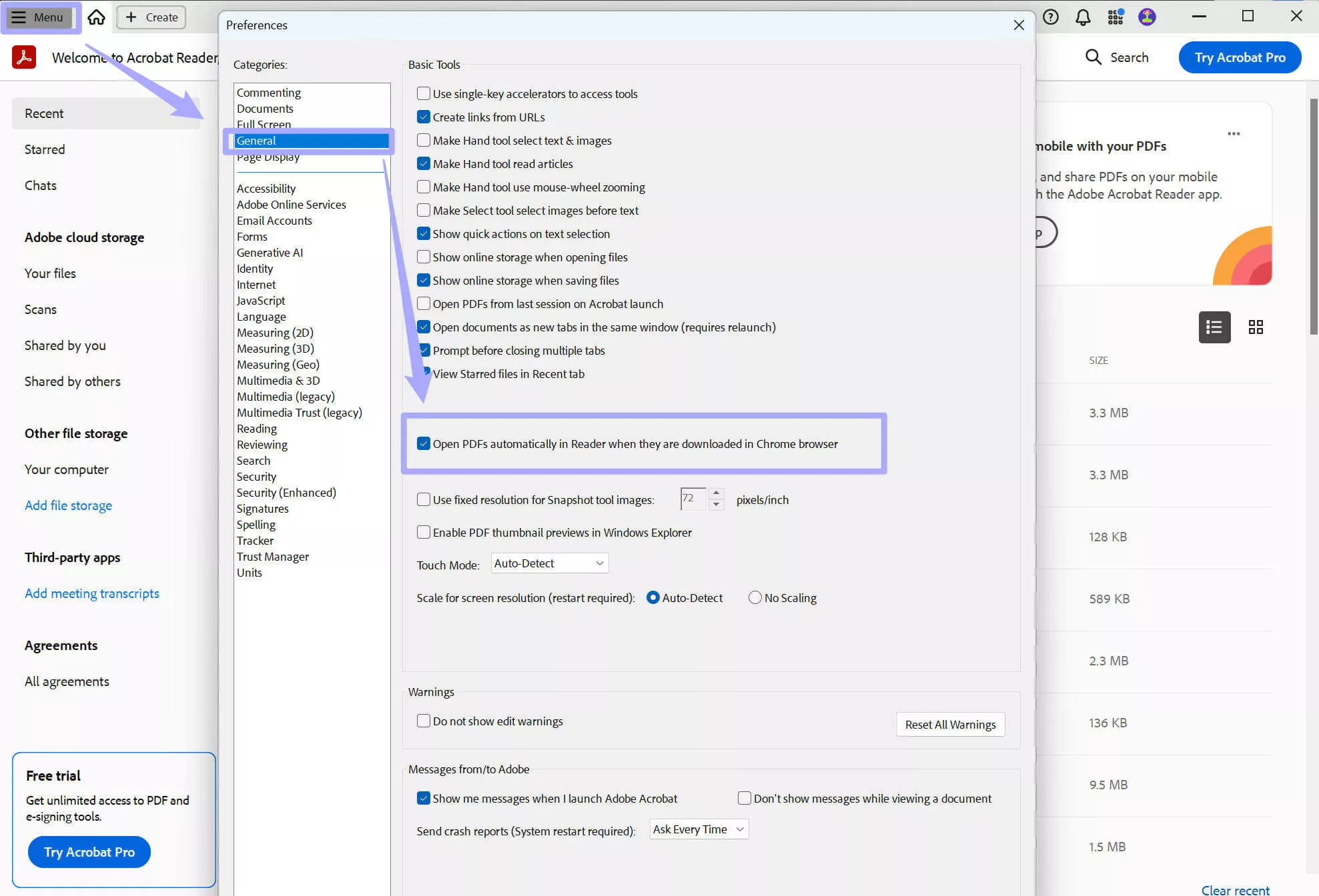 disable Open PDFs automatically in Reader when they are downloaded in Chronhe browser in Acrobat