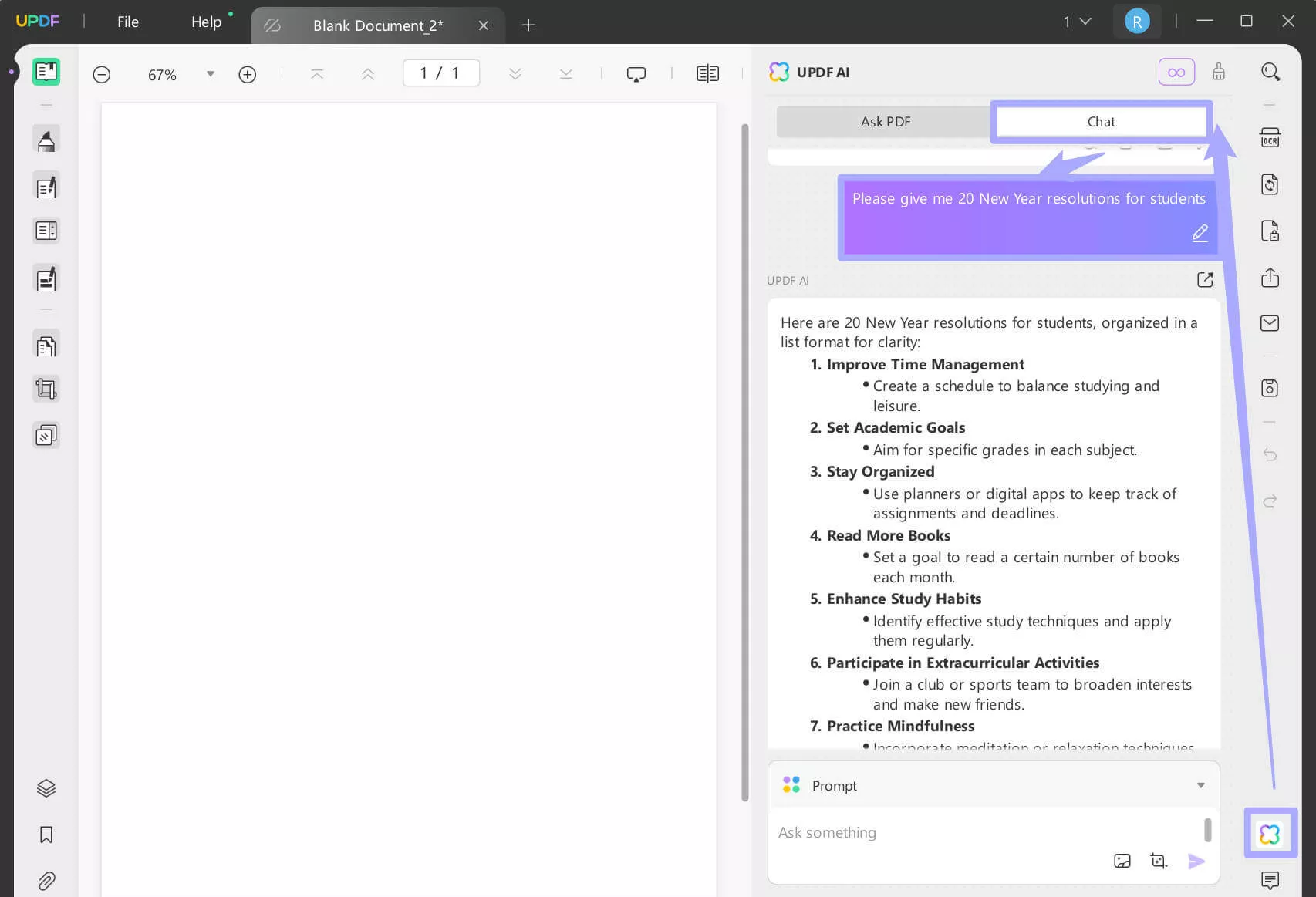 use updf ai to generate new year resolution for students
