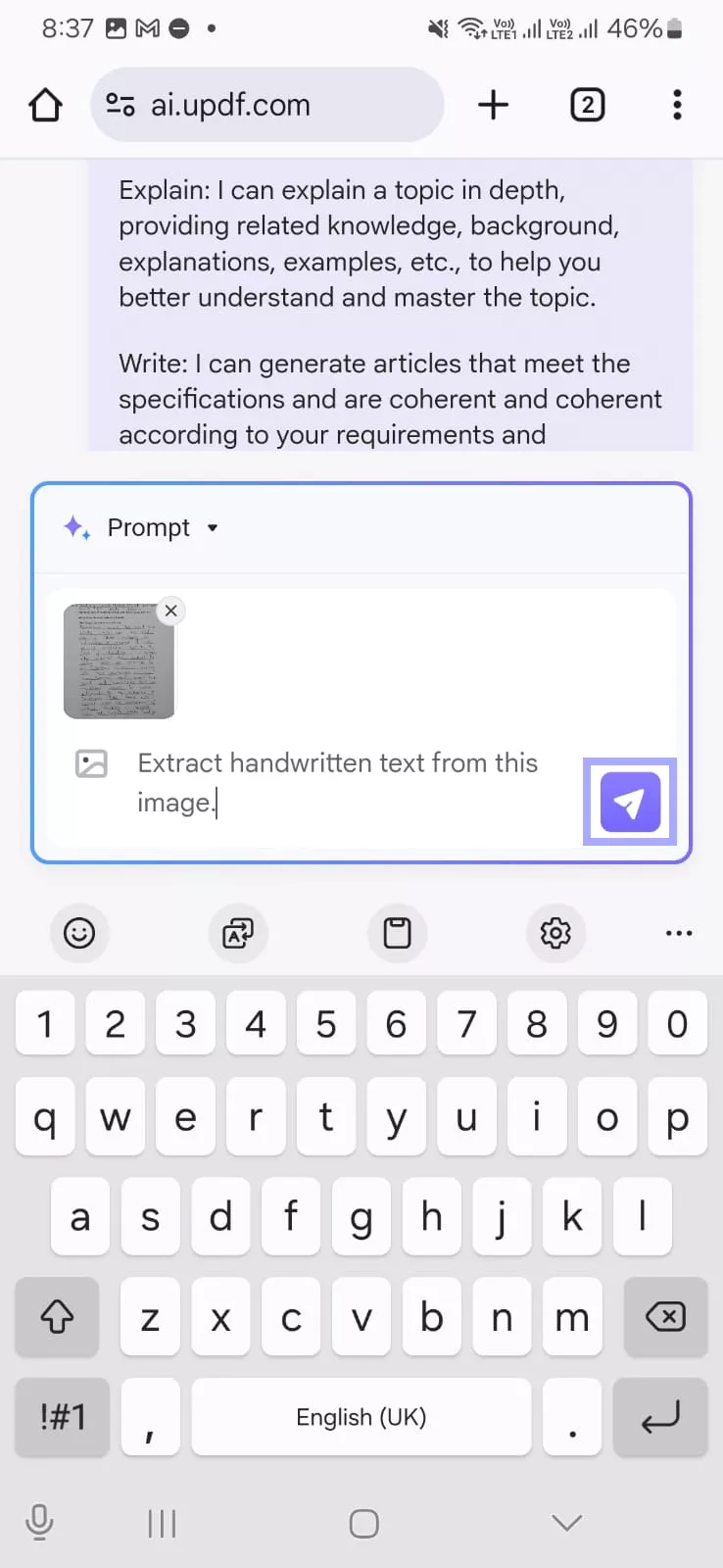 write the prompt for updf ai online to extract text from handwriting note