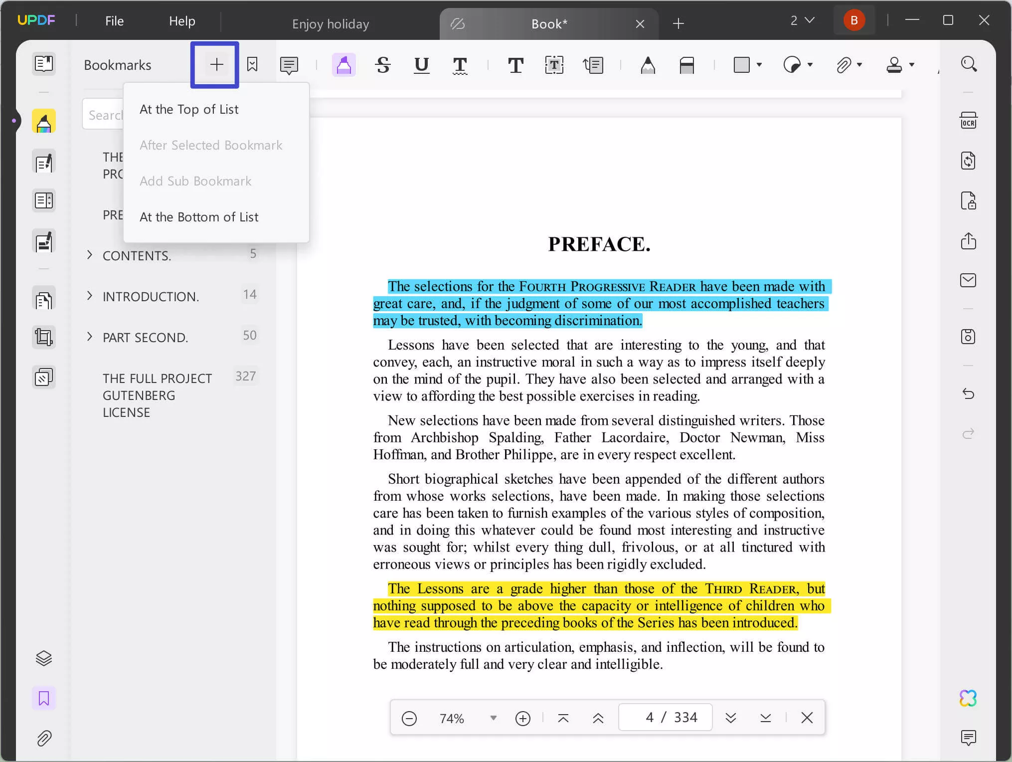 adding bookmark in updf