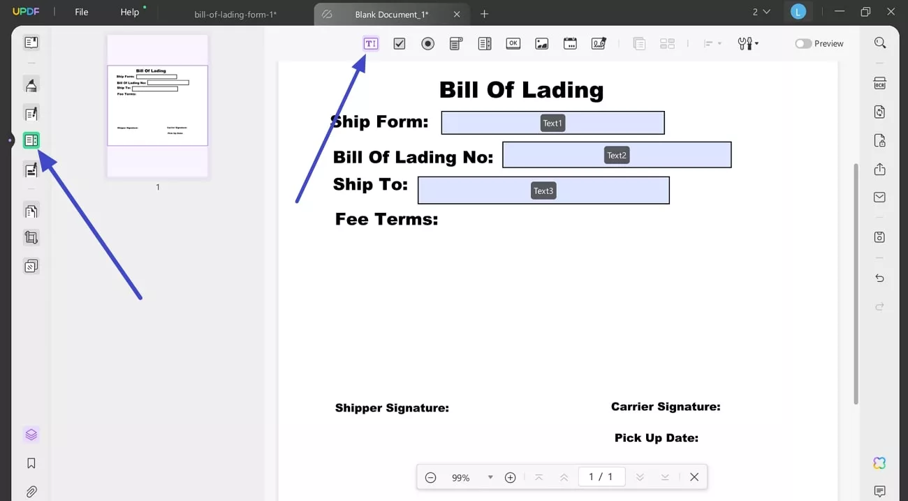 add text fields on document