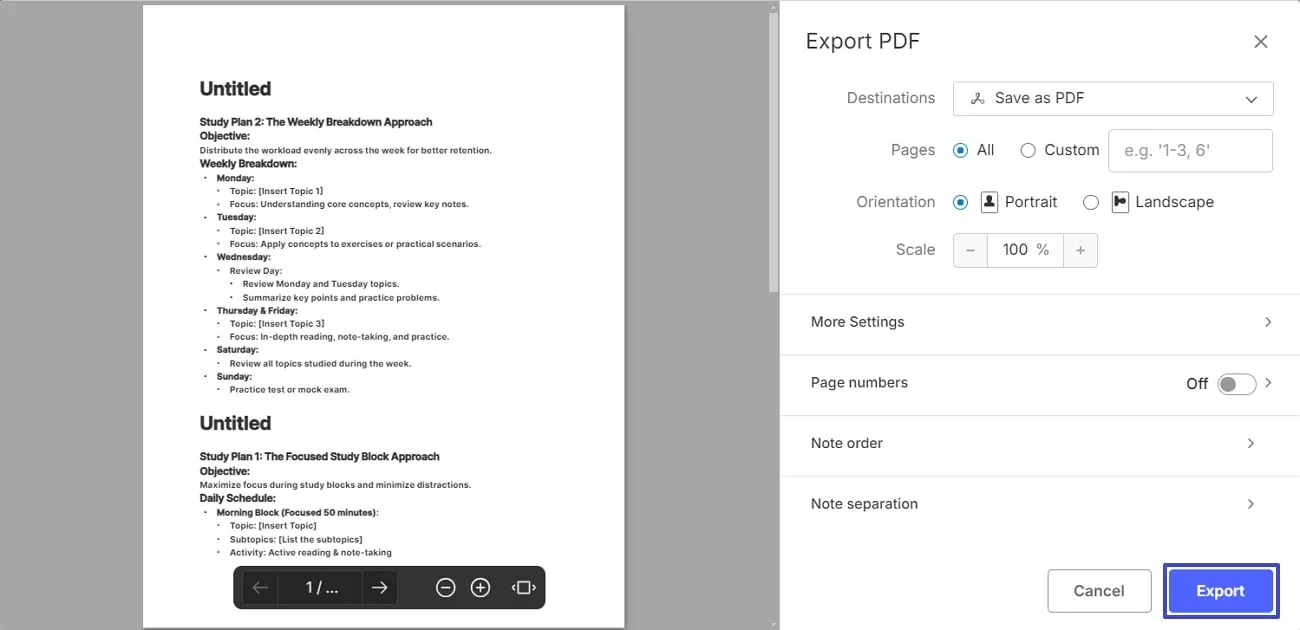 set export multiple notes settings