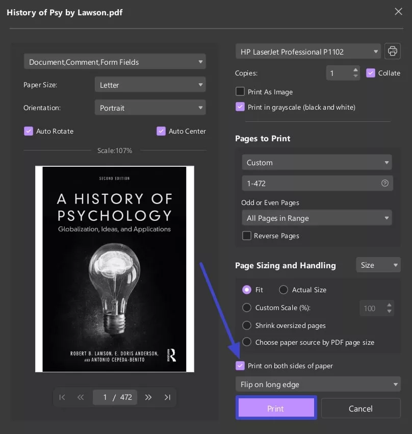 define settings to printing duplex