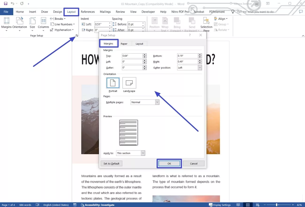 change layout from page setup word