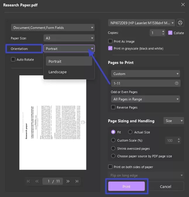 change page orientation to print later