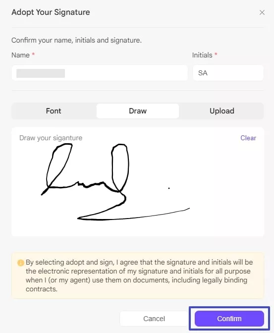 confirm signatures after drawing