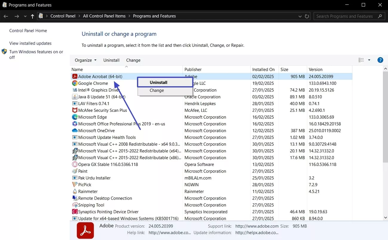 uninstall from program and features
