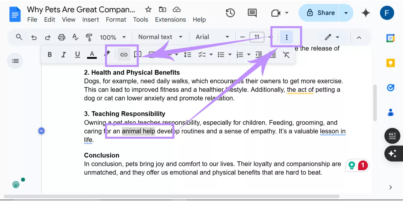 add bookmark link to the text google docs