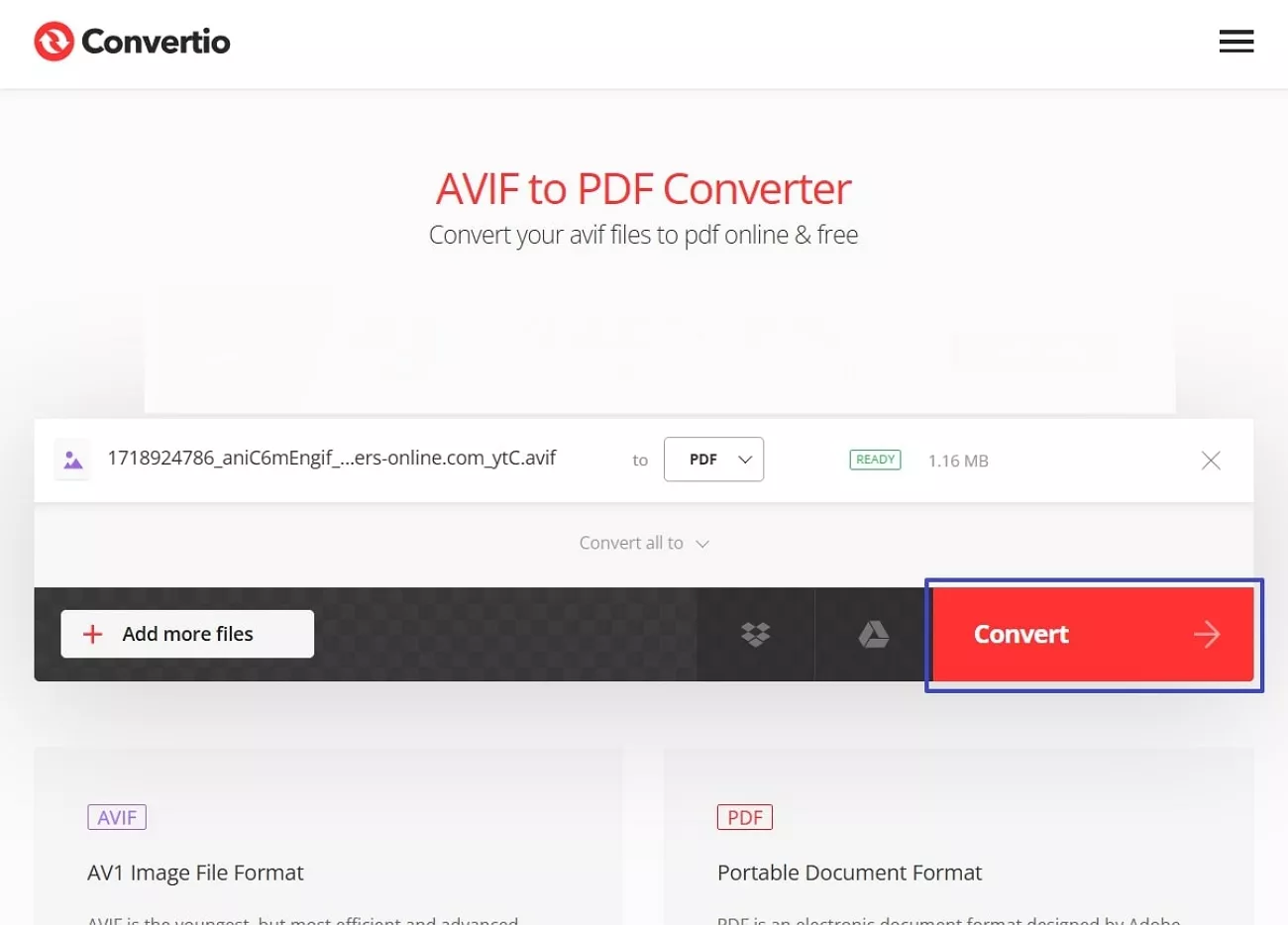 convert avif to pdf convertio