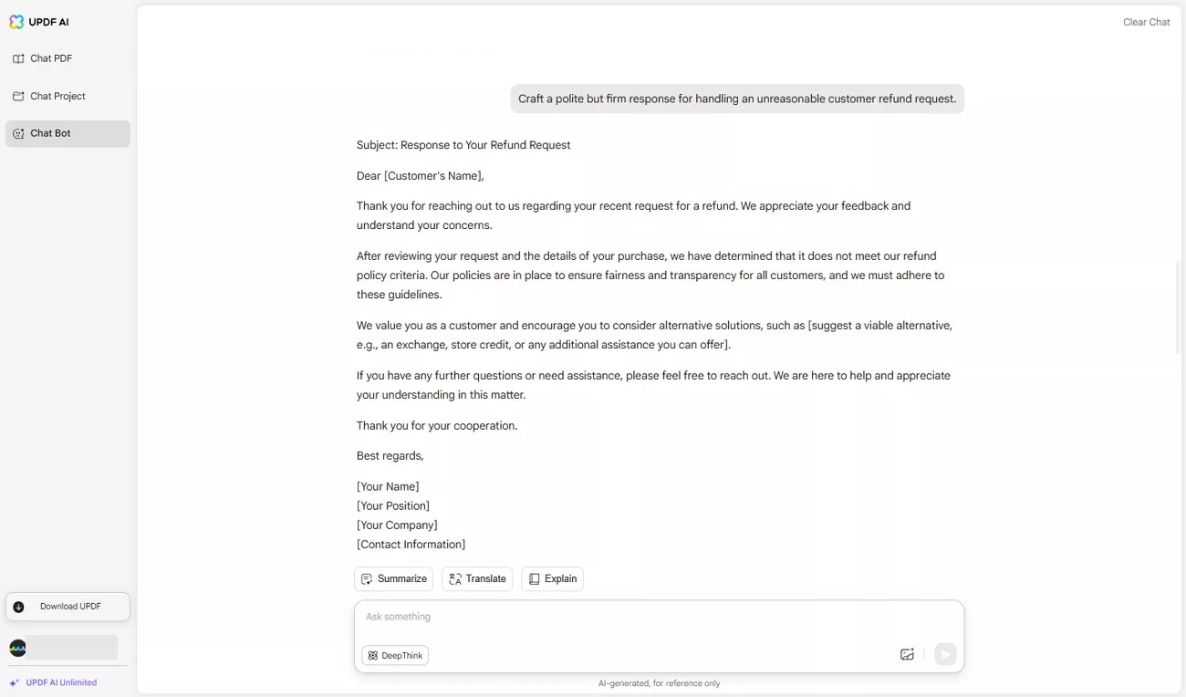 updf ai customer service responses