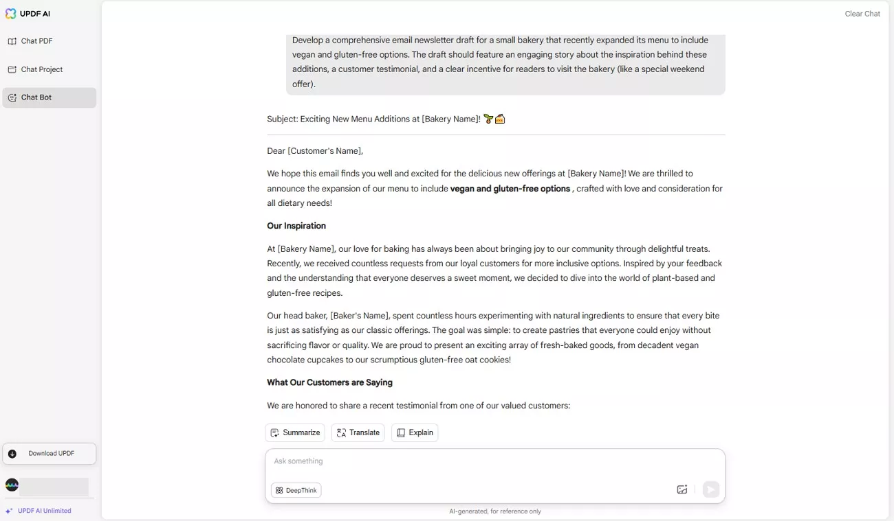 marketing plans through updf ai assistant