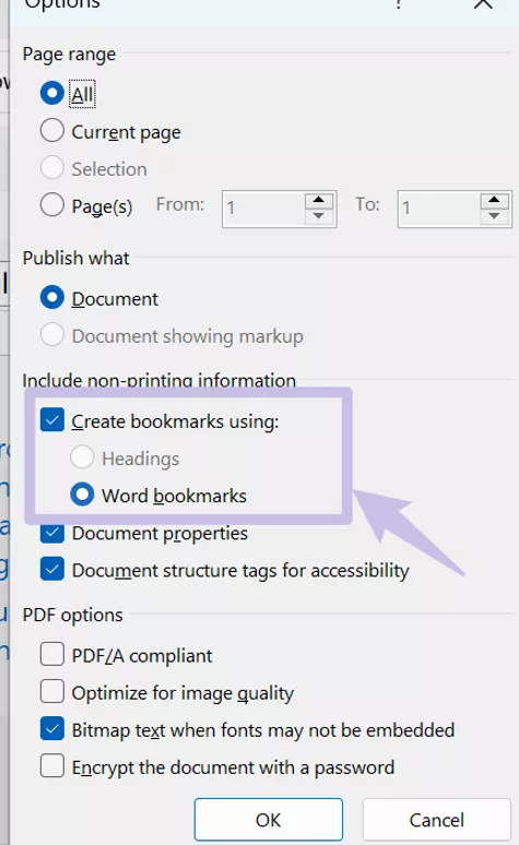 check create bookmarks using word bookmarks