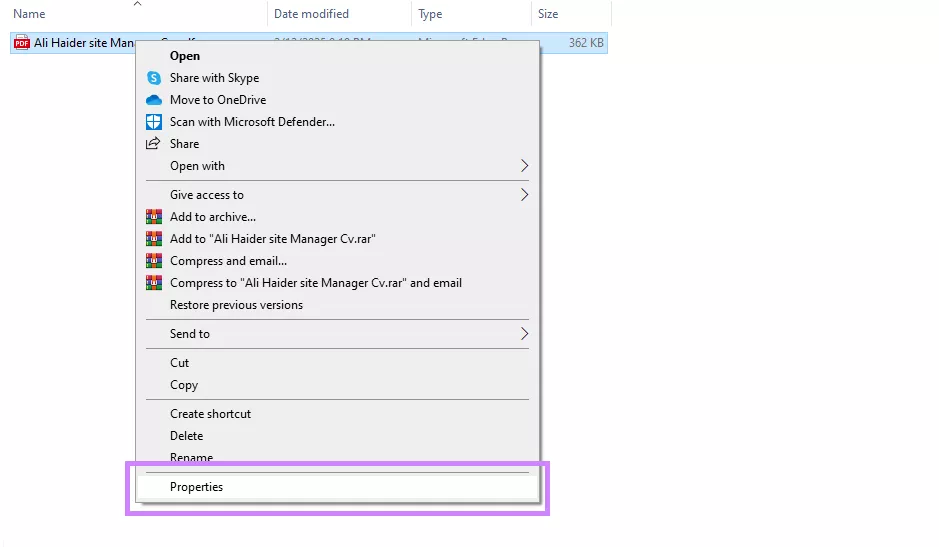 click properties for pdf windows