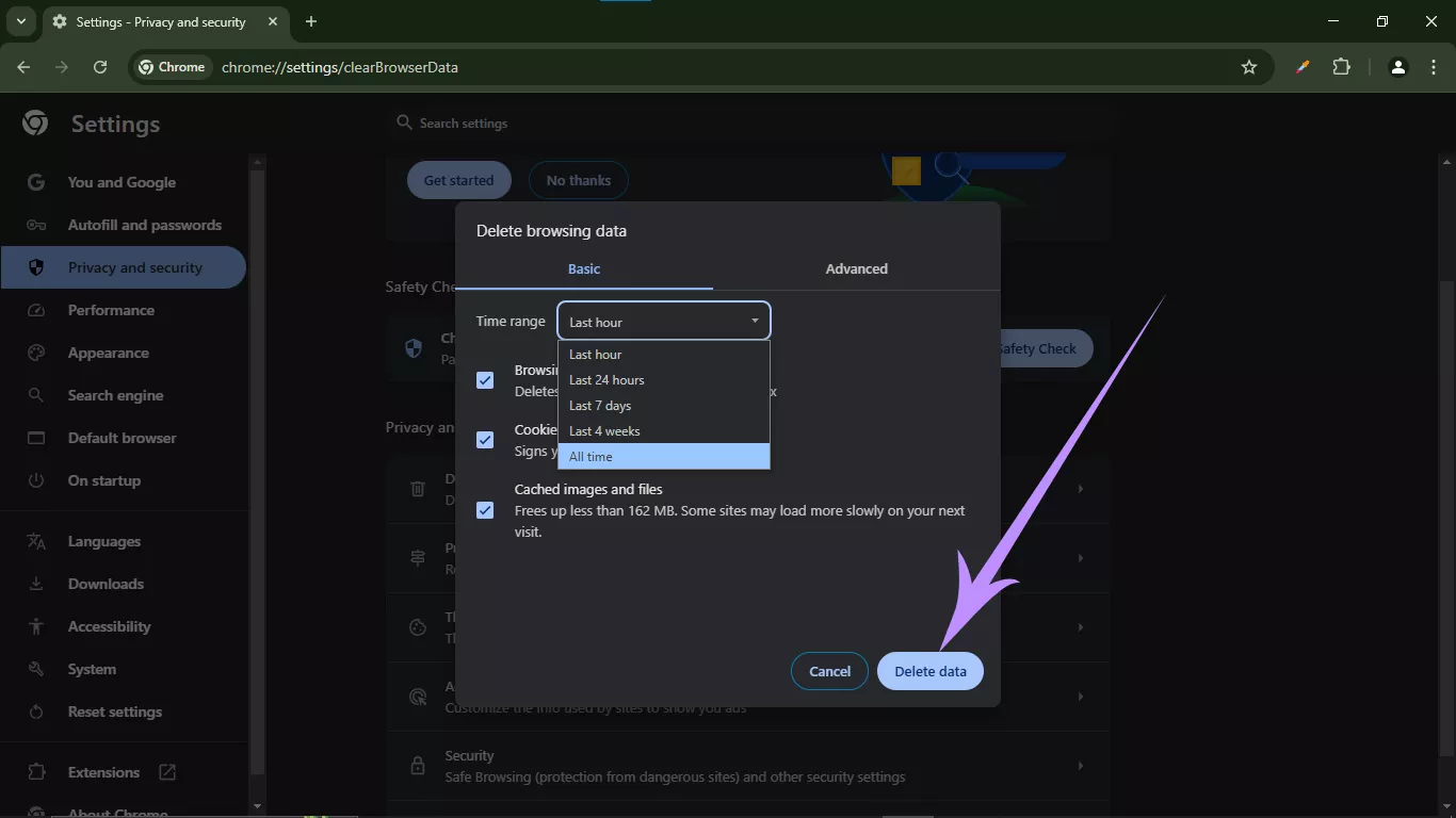 confirm to delete the browsing data chrome