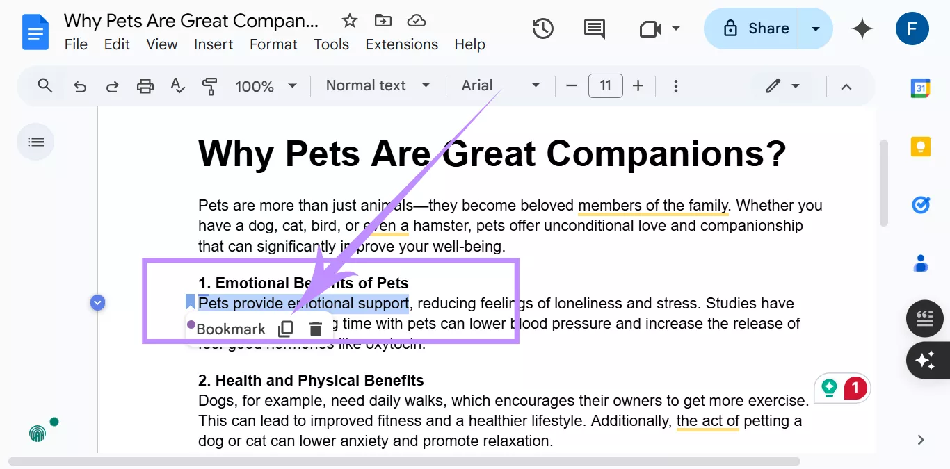 copy the link of bookmark google docs