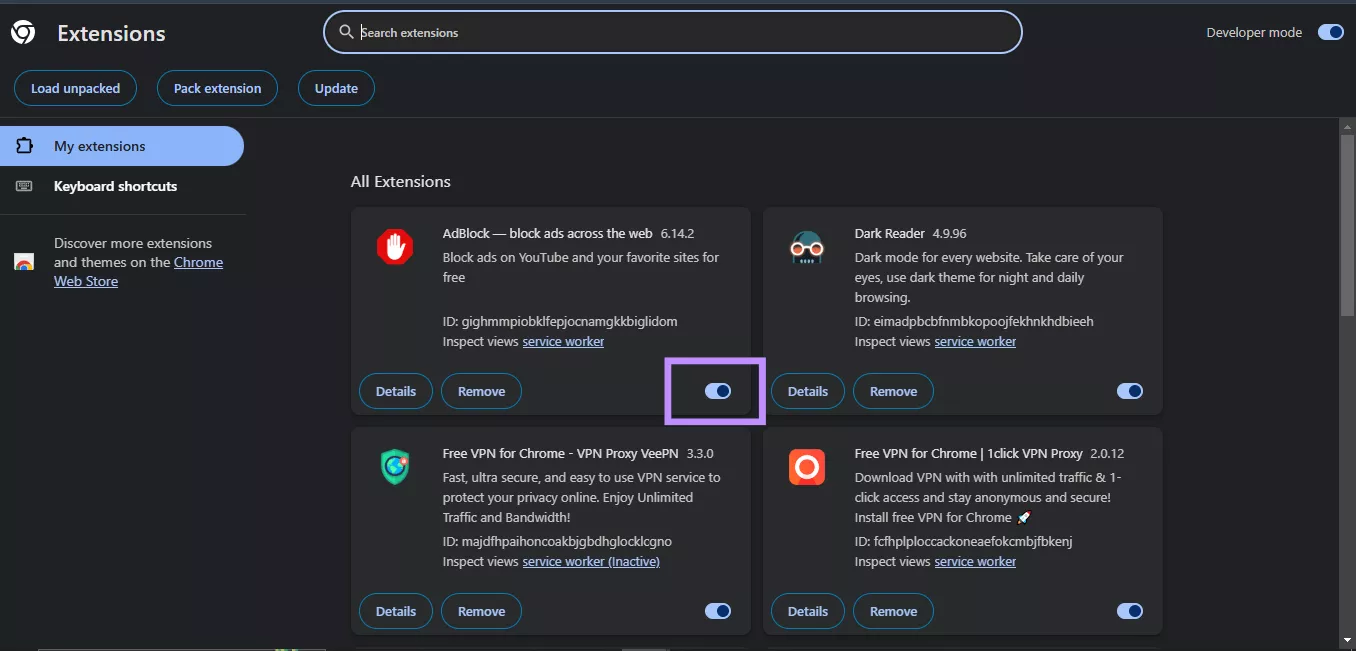 disable all extension browser