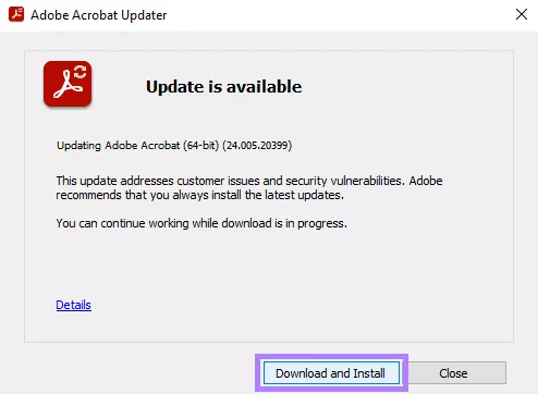 download and install the update adobe acrobat