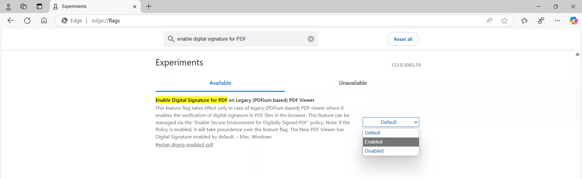 enable digital signaure for PDF in Edge